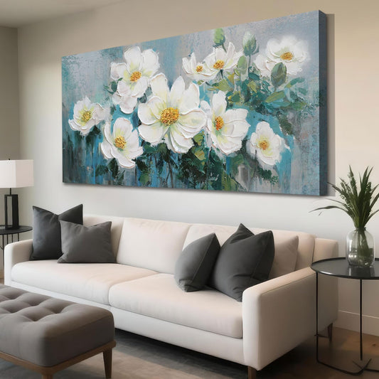 Ardemy White Floral Canvas Wall Art Extra Large Teal Textured Pictures Wall Decor Turquoise Paintings Artwork for Living Room Bedroom Home Office, 58"x29"