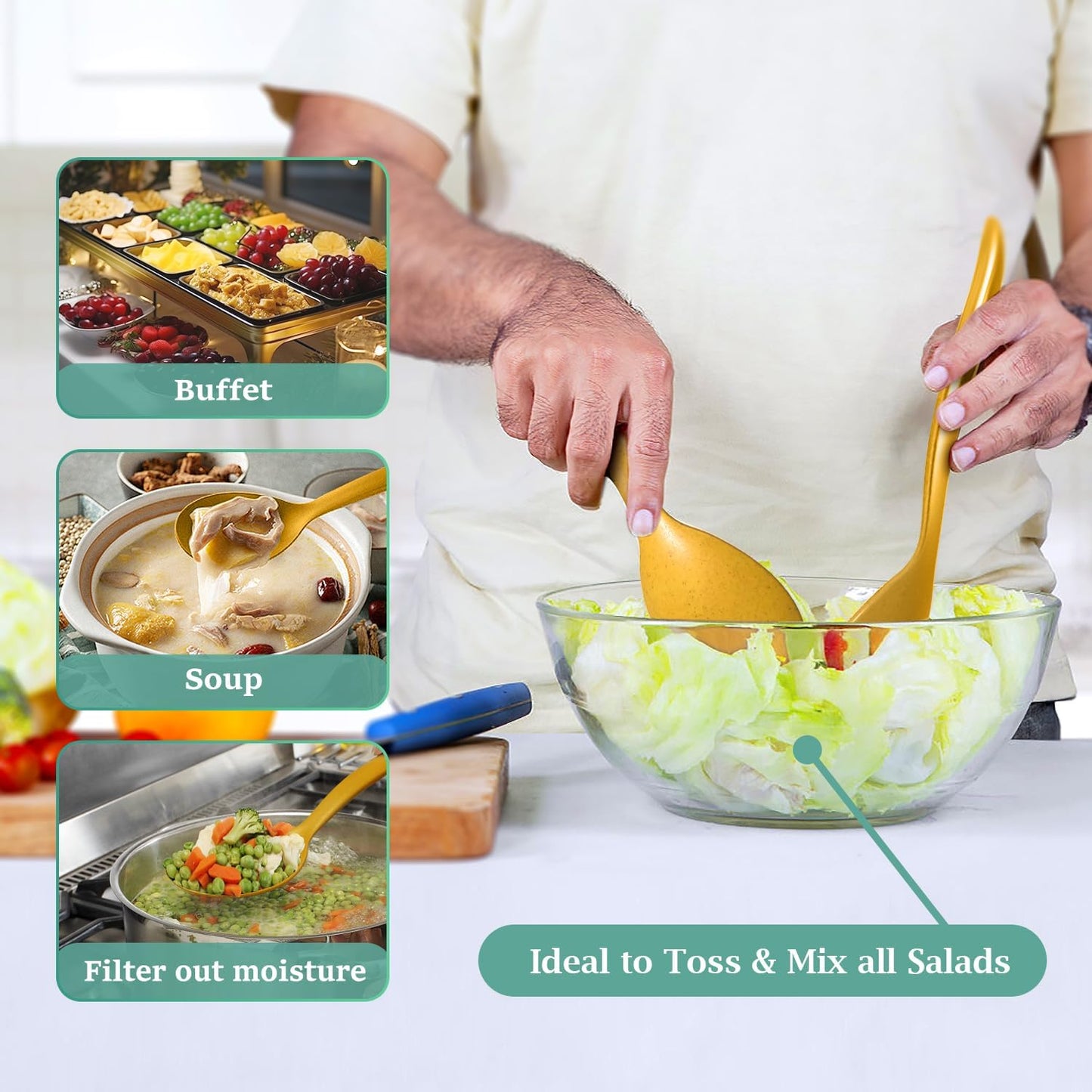 12 Pcs 10" Large Plastic Wheat Straw Serving Spoons Set, Serving Spoons & Slotted Spoons, Kitchen Mixing Serving Spoon for Party Buffet Catering (Orange/Yellow/Green, Not for Cooking)