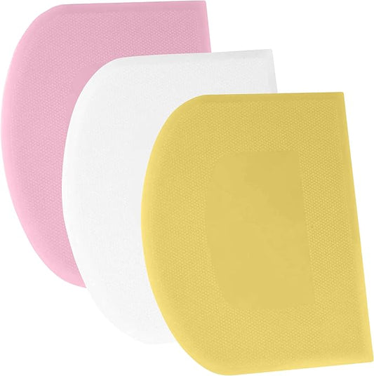 SURDOCA Dough Scraper Bench Scraper - 3P 8.3x5.5" Plastic Flexible Bowl Scraper, Sharp Edge & Angles Cake Scraper. Non-Slip Bakeware Decorating Tools Sculpting & Modeling Tools - Yellow+White+Pink