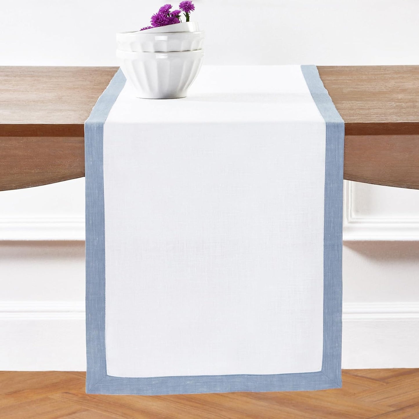 Solino Home Linen Table Runner 108 Inches Long - 100% Pure Linen Chambray Blue and White Table Runner 14 x 108 Inch - Classic