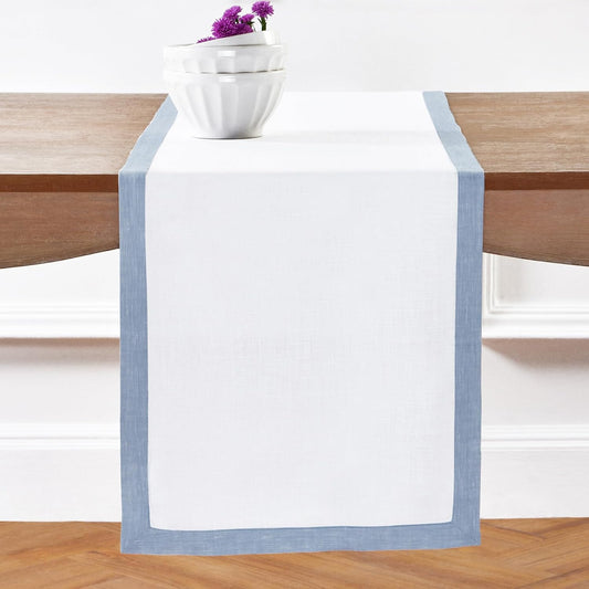 Solino Home Linen Table Runner 48 Inches - 100% Pure Linen Chambray Blue and White Short Table Runner 14 x 48 Inch Ideal for Dresser and Coffee Tables - Classic