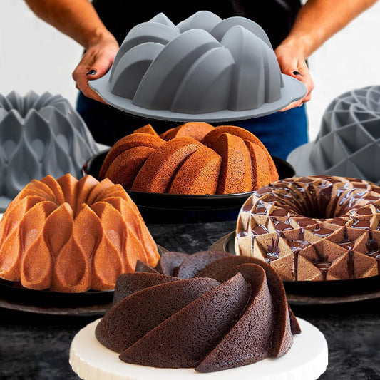 Tongjude 4 Pieces Silicone Fluted Cake Pans, 9/10/12 Cups Tube Baking Pan, Silicone Molds for Homemade Cake, Bread and Jello, Non-Stick, Grey