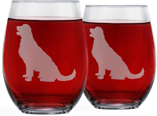 Golden Retriever Stemless Wine Glasses (Set of 2) | Unique for Dog Lovers | Hand Etched with Breed Name on Bottom