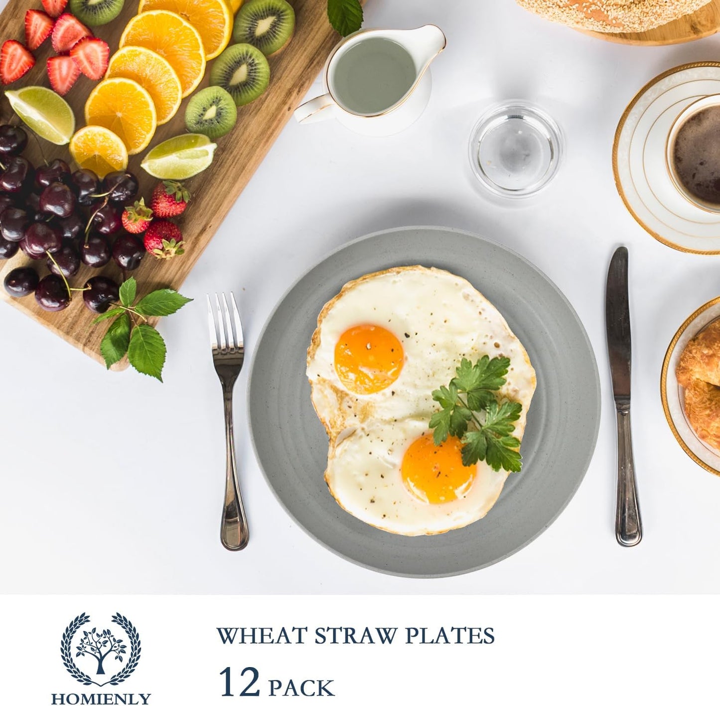 Homienly Deep Dinnerware Set of 12 - Alternative to Plastic, Microwave & Dishwasher Safe Wheat Straw Plates for Kitchen - Unbreakable Kids Plates (Grey, 10 inch)