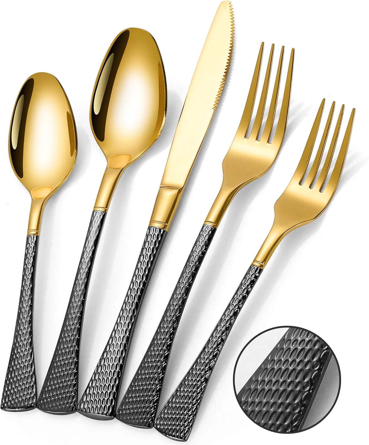 Lemeya Hammered Black Gold Silverware Set,20 Piece Modern Flatware Set Service for 4,Mirror Polished Stainless Steel Cutlery Set Utensil Set Tableware Set,Kitchen Knives Fork Spoon Set,Dishwasher Safe