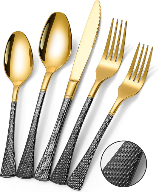 Lemeya Hammered Black Gold Silverware Set,20 Piece Modern Flatware Set Service for 4,Mirror Polished Stainless Steel Cutlery Set Utensil Set Tableware Set,Kitchen Knives Fork Spoon Set,Dishwasher Safe
