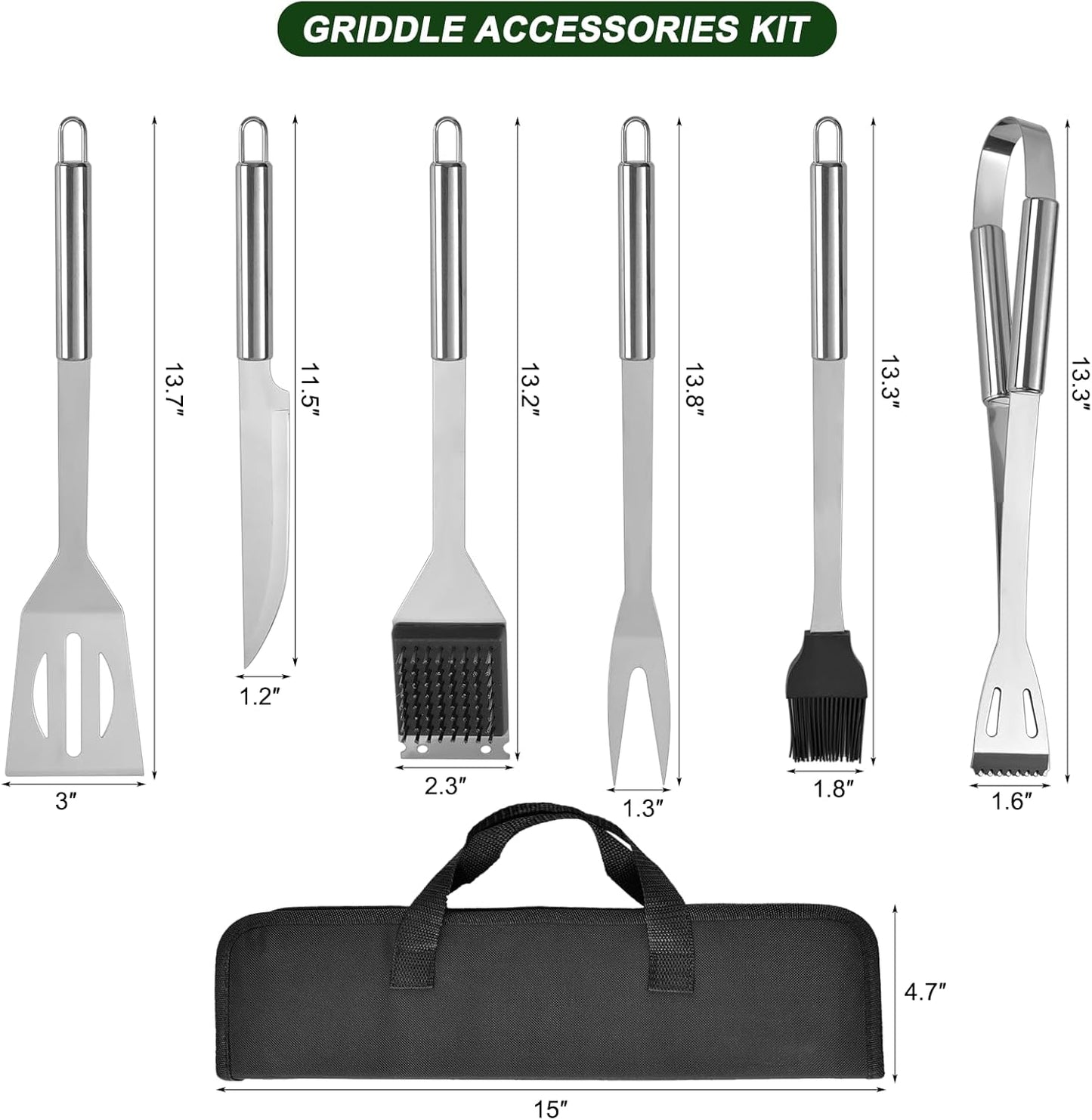 Grill Tools for Outdoor Grill - 7PCS BBQ Tools Grill Utensils with Grill Tong, Fork, Spatula, Basting Brush, Grill Cleaning Brush, Sharp Steak Knife, BBQ Tool Set Grilling Tool Kit