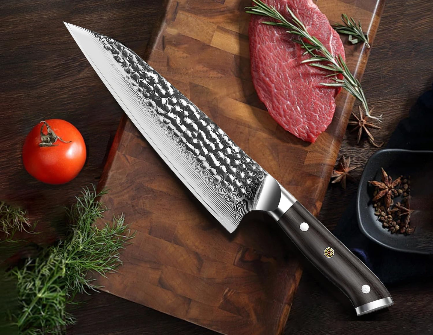 BRODARK Japanese Chef Knife, Damascus Chef Knife 8 inch with Japanese VG-10 Steel Core, Ultra-Sharp Professional Kitchen Knife, Handcrafted with Ebony Wood Handle, Holiday Gifts