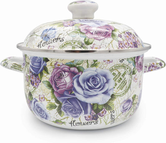 Flower Enamel on Steel Stock Pot/Stockpot with Lid, 3 Quart (style2)