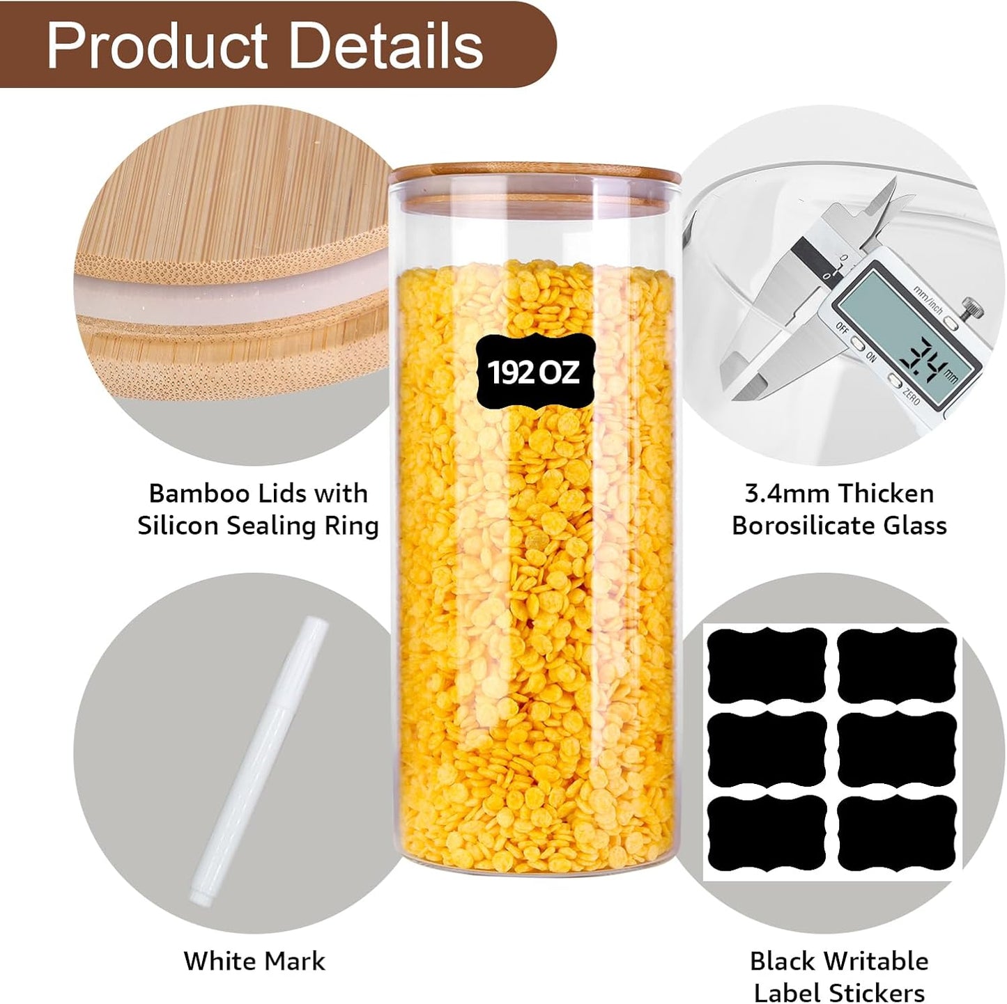 Glass Food Storage Jars, Food Containers with Airtight Bamboo Lids for Pasta, Cookies, Nuts, Coffee Beans, Cereal, Glass Canisters for Kitchen, Pantry Organization,Set of 4