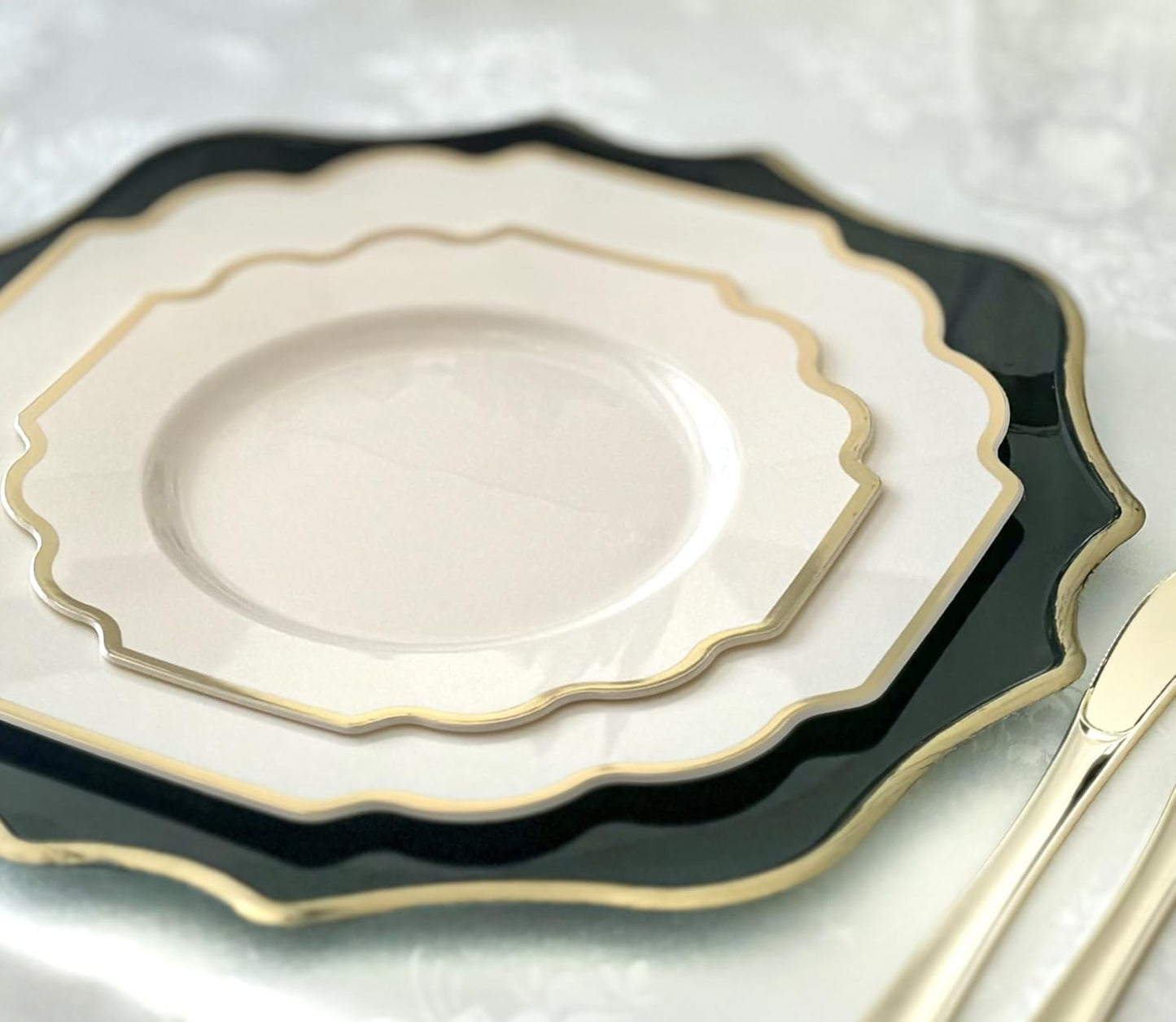 " OCCASIONS " 120 Plates Pack,(60 Guests) Heavyweight Wedding Party Disposable Plastic Plates Set -60 x 10.5'' Dinner + 60 x 8'' Salad/Dessert Plate (Imperial Ivory & Gold)