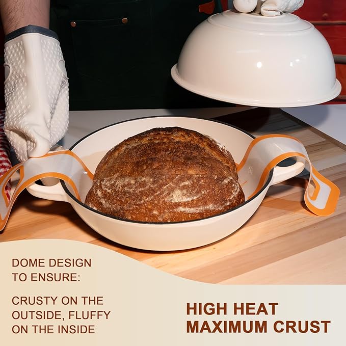 AHJ 6QT Dutch Oven For Bread Baking, Enameled Cast Iron Dutch Oven Pot with Lid, Multi-Functional Bread pan, Sourdough Baking Supplies with Proofing Basket, Cast Iron Bread Oven, Silicone Sling & Gloves.