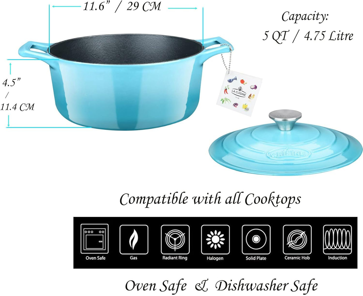 La Cuisine Enameled Cast Iron Oval Dutch Oven Casserole Pot with Lid 5 QT Internal Matte Black Enamel for bread baking, 2-ton Teal Enamel Coating Finish Exterior,Oven Safe up to 500° F