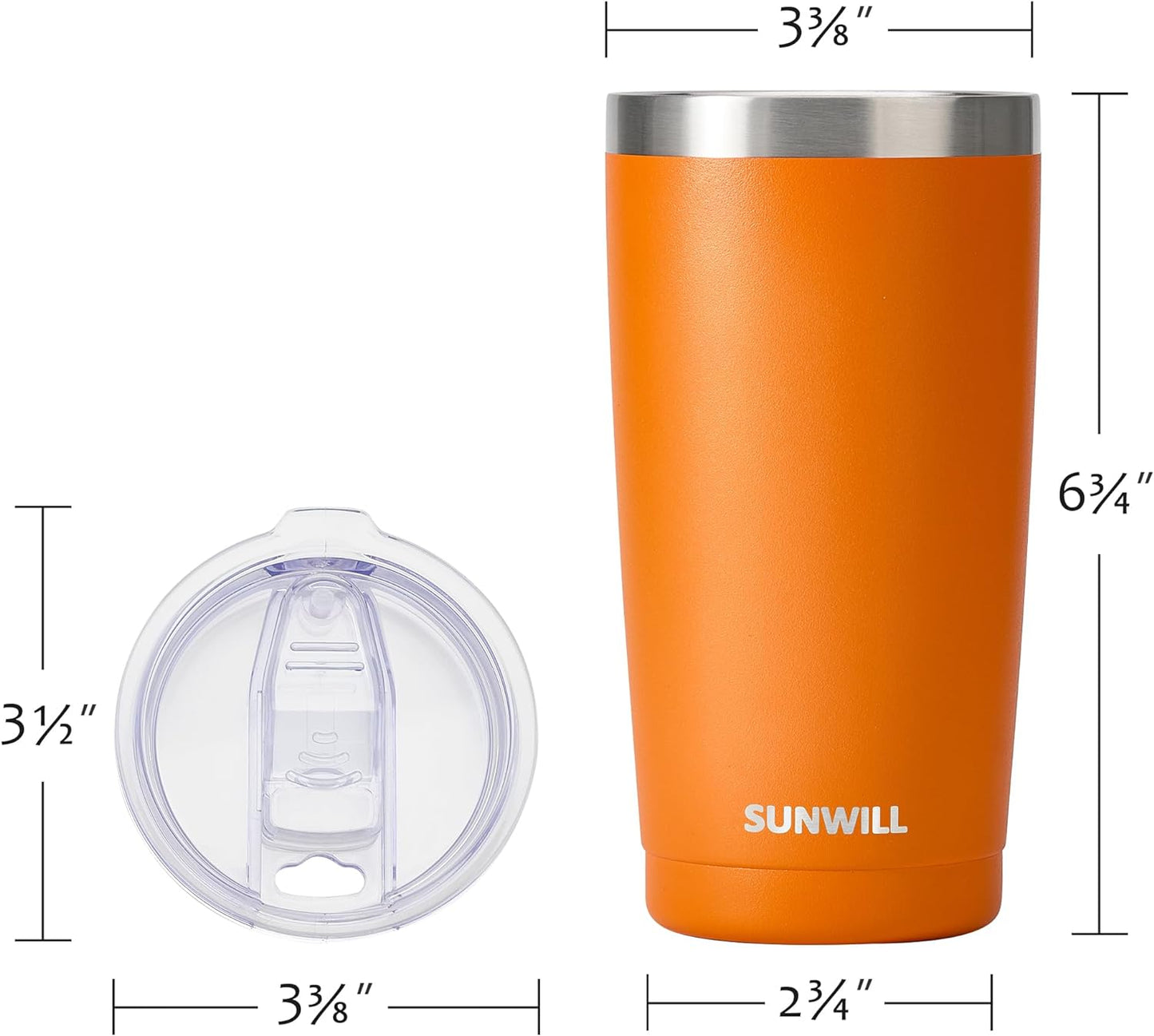 SUNWILL Travel Coffee Tumbler 20 oz, Insulated Mug with Lid, Stainless Steel Cup for Hot and Cold Drinks, Powder Coated Orange