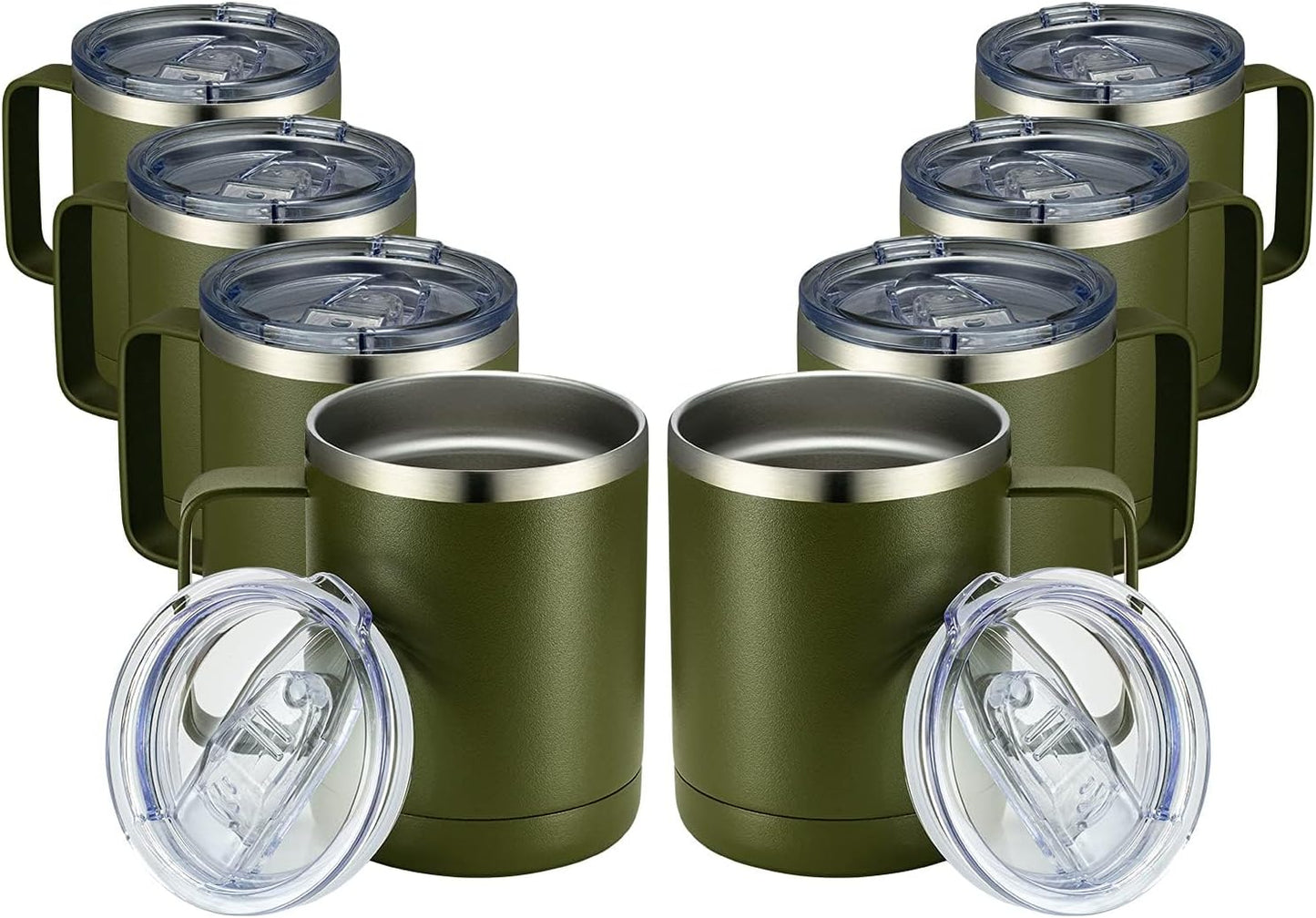 MEWAY 12oz Coffee Mug With Handle 8 Pack Bulk,Stainless Steel Insulated Travel Tumblers With Sliding Lid,Double Wall Vacuum Camping Cup for Hot & Cold Drinks Tea (Army Green,Set of 8)
