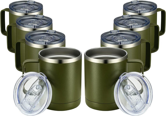 MEWAY 12oz Coffee Mug With Handle 8 Pack Bulk,Stainless Steel Insulated Travel Tumblers With Sliding Lid,Double Wall Vacuum Camping Cup for Hot & Cold Drinks Tea (Army Green,Set of 8)