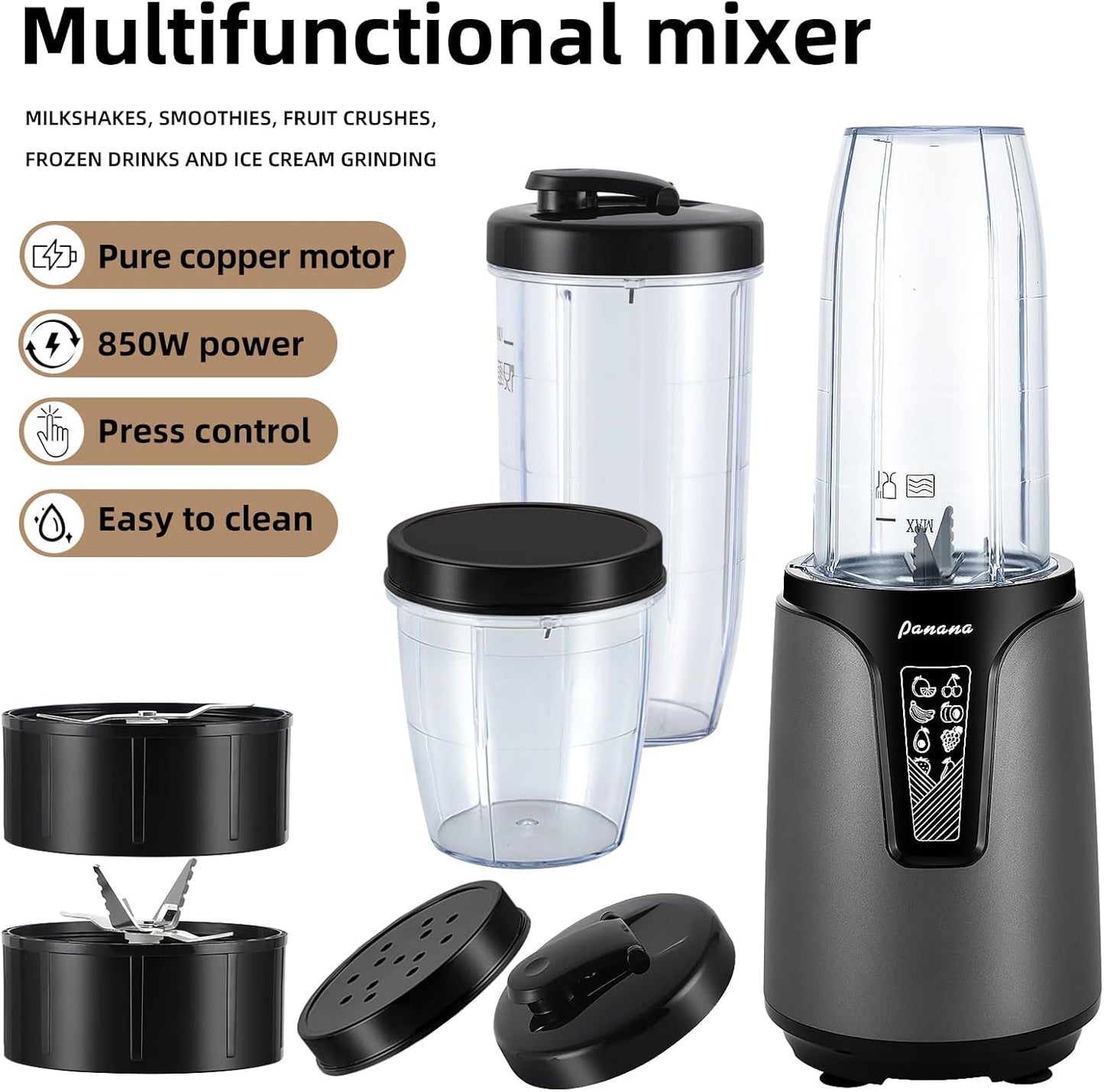 Panana Blender for Smoothies, 850W Portable Personal Blender and Grinder Combo with 2x20oz Portable Smoothie Cups with To-Go Lids 6.8oz Coffee Cup,Stainless Steel