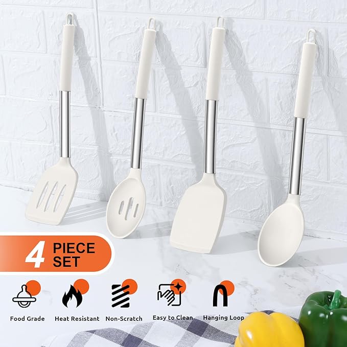 E-far Cooking Utensils Set of 4, Silicone Kitchen Utensils for Non-stick Cookware, Heat Resistant & Non-toxic Slotted Spatula Solid Spoon Turner for Flipping Mixing Serving Basting(White)