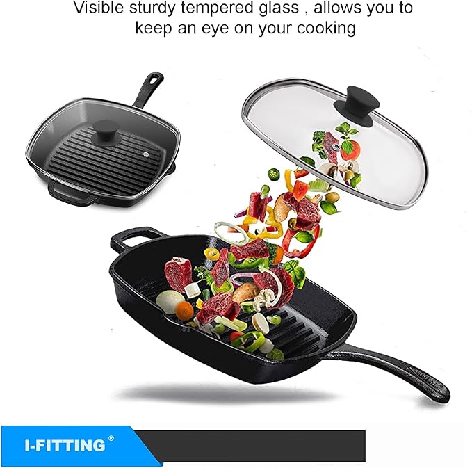 Square Glass Lid for Grill Pans with Steam Vent Hole - Fits Lodge Cast Iron Skillets 10.5inch/26.67cm Silicone Potholder- Square Tempered Glass Lid - Universal Replacement Cover Silicone Knob