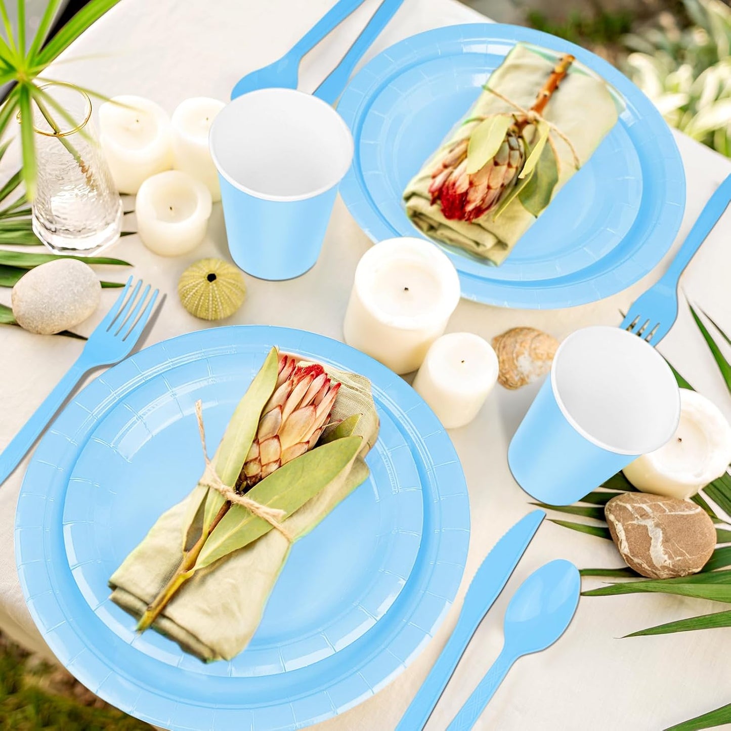 TWOWYHI 228PCS Light Blue Party Supplies Set Include Paper Plates Cups Paper Napkins Plastic Spoons Forks Knives for 30 Guests Disposable Party Dinnerware for Birthday Wedding Family Picnic