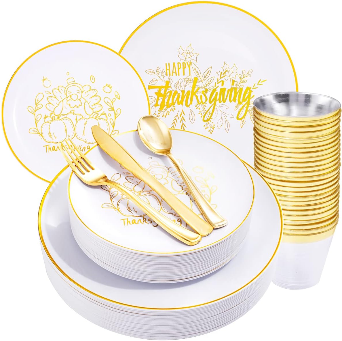 KIRE 25 Guests Gold Plastic Plates - Thanksgiving Plates with Turkey pattern & Gold Disposable Cutlery & Plastic Cups - Perfect for Thanksgiving, Halloween, Parties, Autumn Holiday