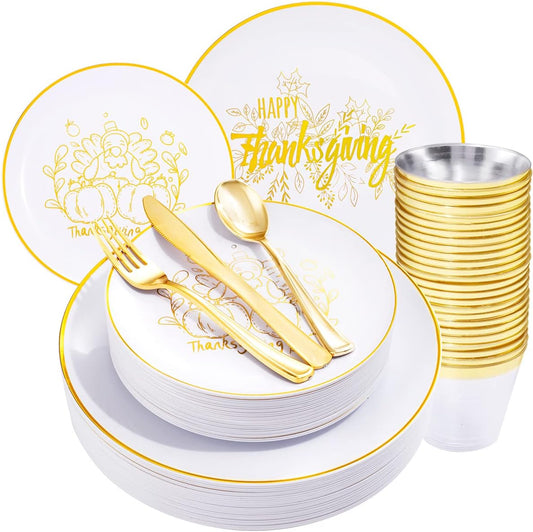 KIRE 25 Guests Gold Plastic Plates - Thanksgiving Plates with Turkey pattern & Gold Disposable Cutlery & Plastic Cups - Perfect for Thanksgiving, Halloween, Parties, Autumn Holiday