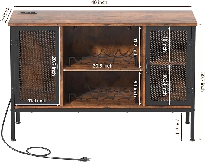 Upgraded Wine Bar Cabinet with Back Panel, Liquor Cabinet with LED Lights & Power Outlets, Adjustable Shelves, Glass Holders & Storage, Coffee Station for Kitchen/Home, Rustic Brown