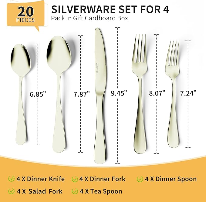 Silverware Set for 4, 20 Pieces Heavy Duty Stainless Steel Flatware Set, Mirror Polished Cutlery Utensil Set, Dinner Fork Knife Spoon Tableware Set for Home, Dishwasher Safe, Champagne Gold