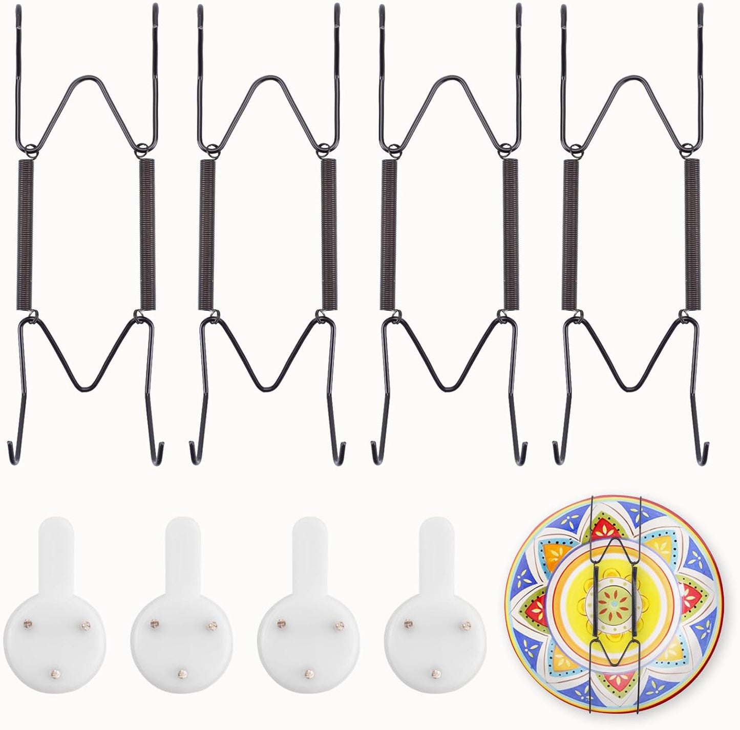 4 Pack Plate Hangers for The Wall Suitable for 6-8 inch Small Decorative Plate, Invisible Stainless Steel Plate Hangers for Display with Wall Hooks, for Plates/Platter/Dish/Picture(Black)