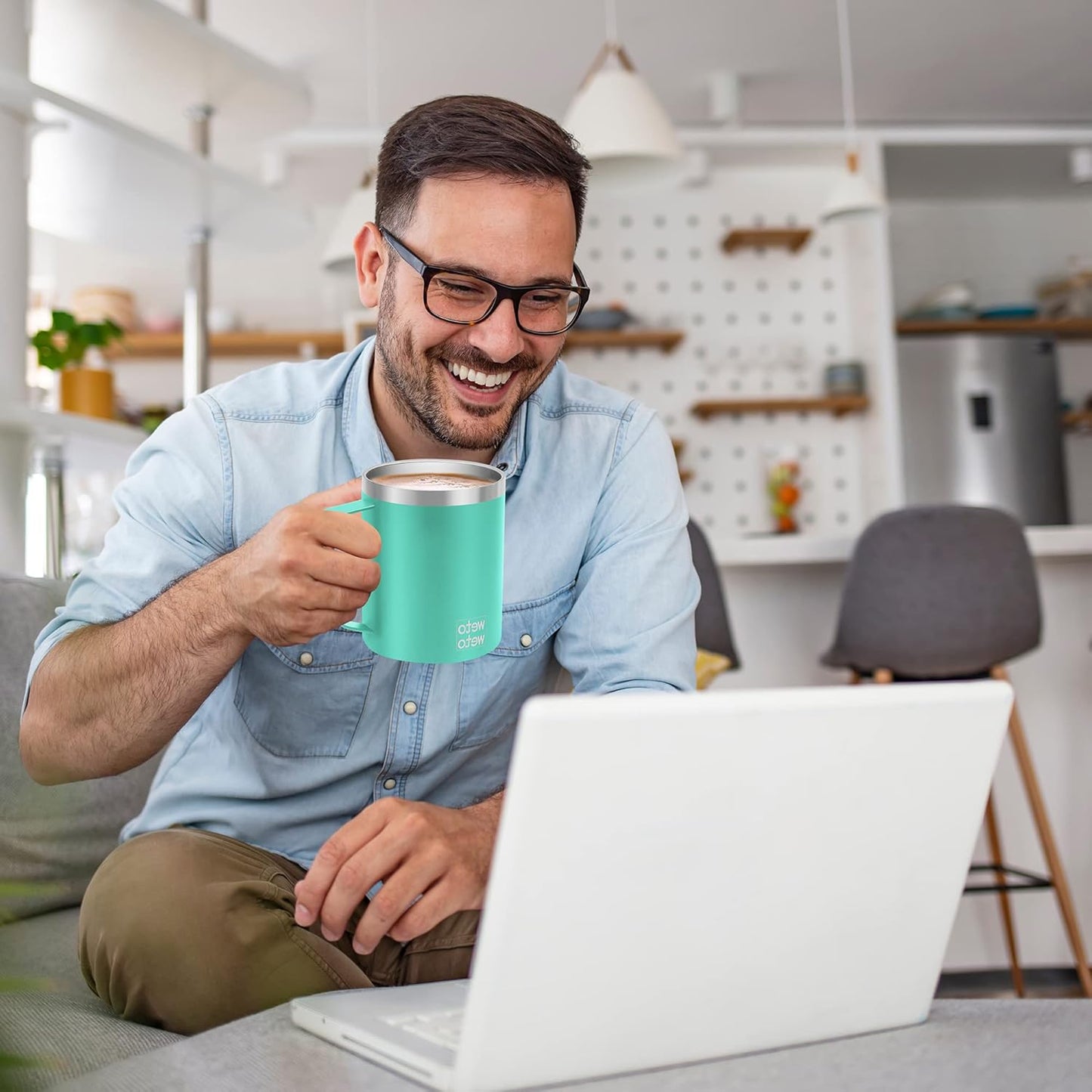 WETOWETO 14 oz Coffee Mug, Vacuum Insulated Camping Mug with Lid, Double Wall Stainless Steel Travel Tumbler Cup, Coffee Mugs Outdoor, Powder Coated Aquifer Blue