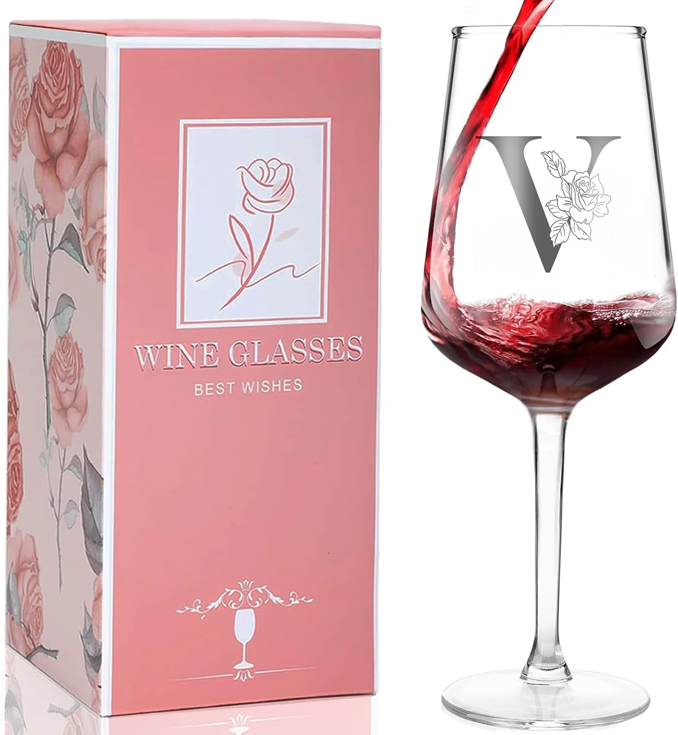 Personalized Wine Glass Gifts for Women, Monogrammed A-Z Wine Glass with Gift Box & Greeting Card, Customized Wine Glasses Initial Wine Glasses Gift for Birthday, Mothers Day, Best Friend, Sister (V)