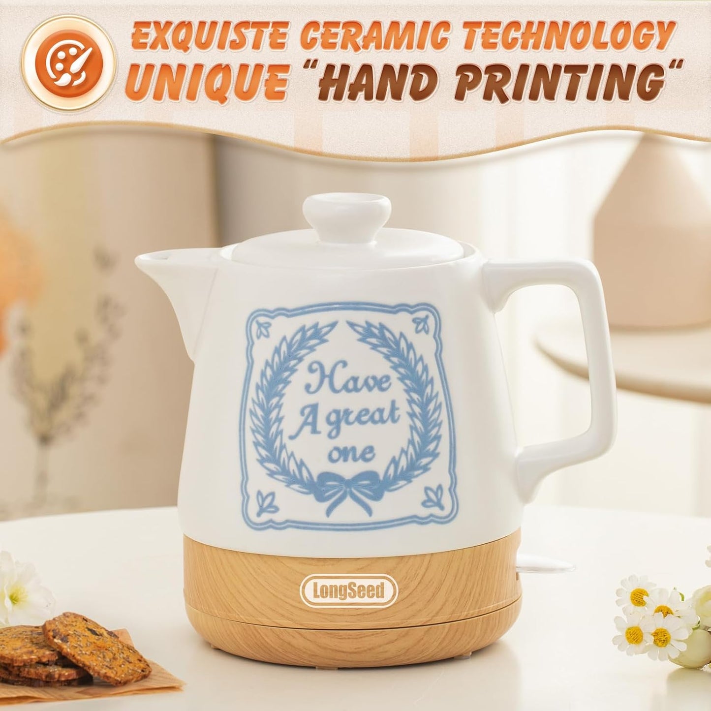 Ceramic Kettle Electric White 1.0 Liter, 1000 Watts Hot Water Boiler Teapot Fast Boil For Coffee & Tea, Automatic Shut-off, BPA-Free, Boil-Dry Protection