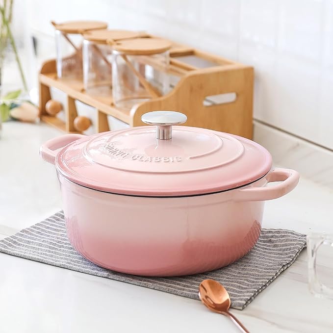 Enameled Cast Iron Covered Dutch Oven with Lid Round Pot for Bread Baking, 7 Quart, Pink