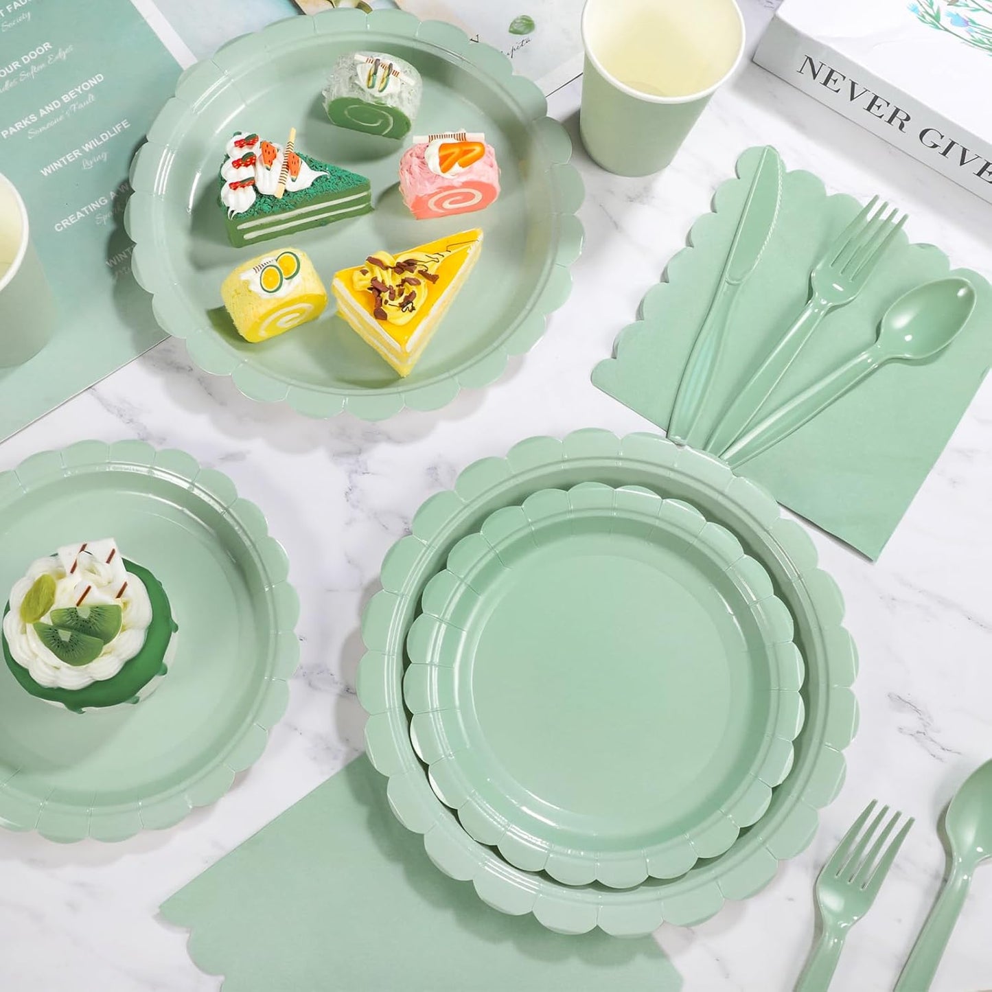 175 Pcs Sage Green Paper Plates and Napkins, Sage Green Party Supplies Include Green Scalloped Plate Paper Napkin Cup Plastic Cutlery for Baby Shower, Wedding, Birthday