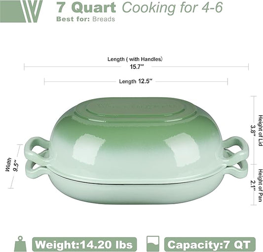 Enameled Cast Iron Sourdough Bread Oven, Dutch Oven, Loaf Cast Iron Bread Pan for Homemade Bread Baking, Meatloaf Pan with Lid, 7QT, Green
