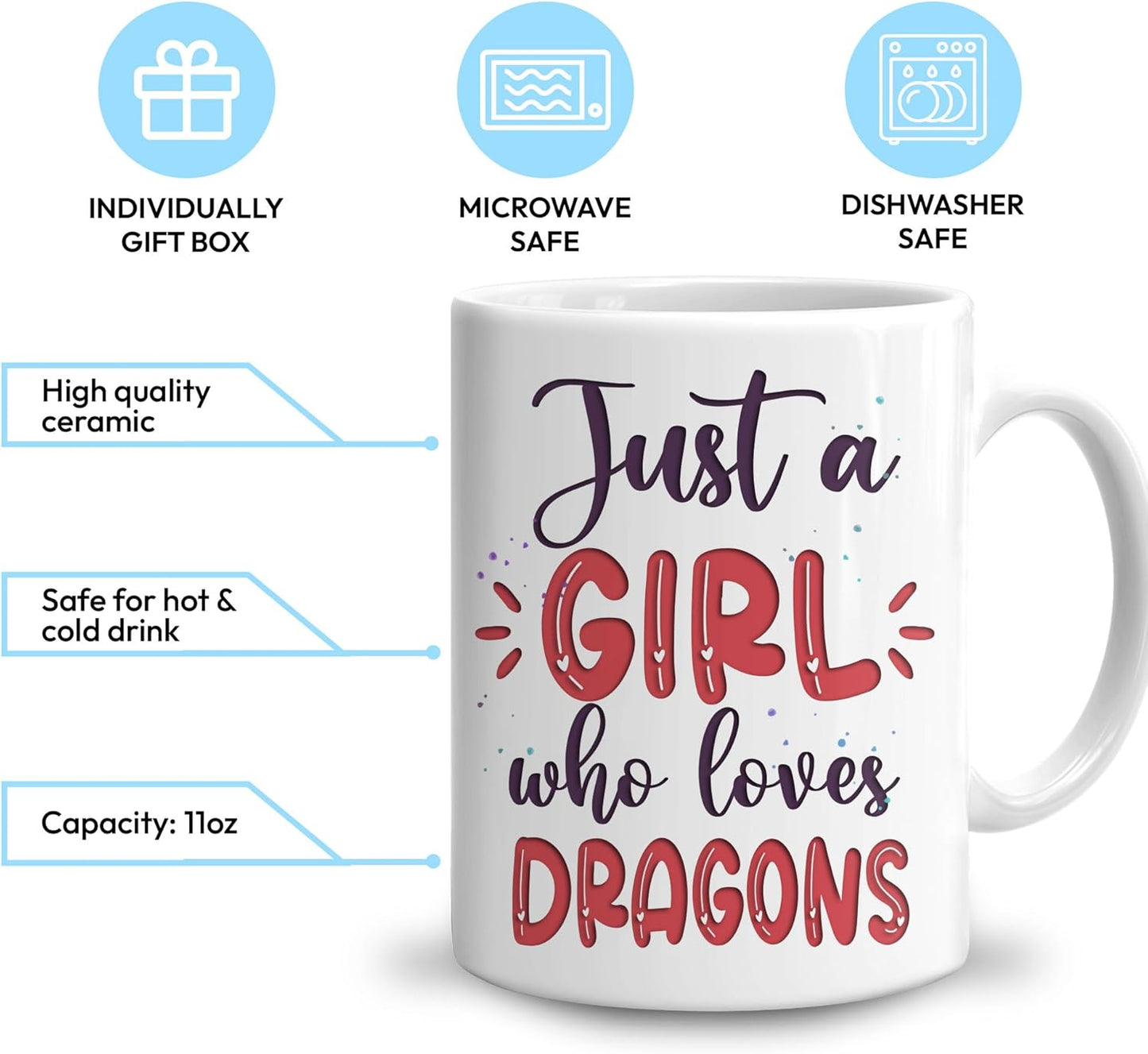 Hyturtle Personalized Gifts Dragon Lover - Just A Girl Who Loves Dragons Custom Name Ceramic Coffee Mug Cup 11oz - Idea Cute Animal Lover Gifts For Women, Girl kid Daughter On Birthday, Christmas