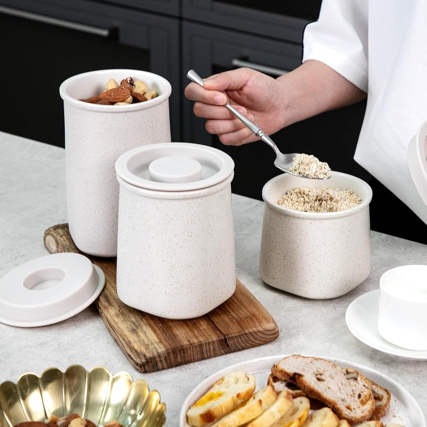 Nucookery Canisters Sets for the Kitchen Countertop, 3 Pcs Ceramic Jar with Silicone Lid, 40oz, 30oz, 20oz Food Storage Containers for Flour, Sugar, Coffee, Grains,Tea, Cookies, Dry Food Organization