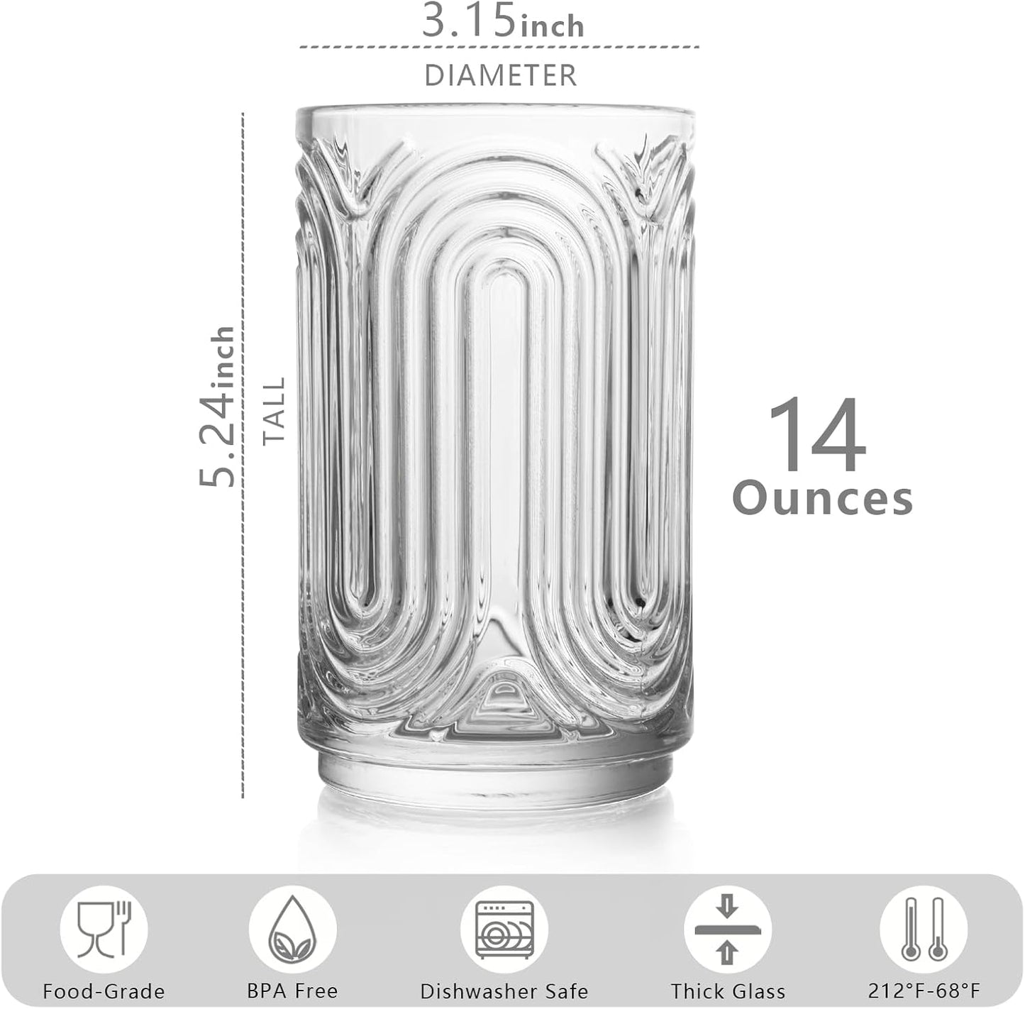 INSETLAN Vintage Art Deco Glassware | Glass Cups Set of 4 | 14 Oz Thick Bottom Cocktail Glasses, Highball Glass Fabulous Box, Embossed Ripple Glassware, for Water, Wine, Juice, Mixed Drinkware