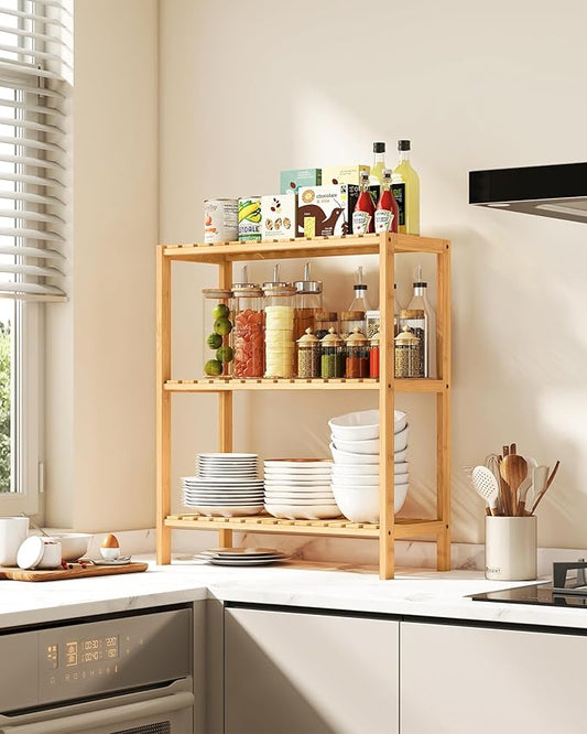 SONGMICS Bamboo Storage Shelf, 3-Tier Shelving Unit, Multifunctional, in The Entryway, Bathroom, Living Room, Balcony, Kitchen, 10.2 x 23.6 x 26 Inches, Light Bamboo UBCB33Y