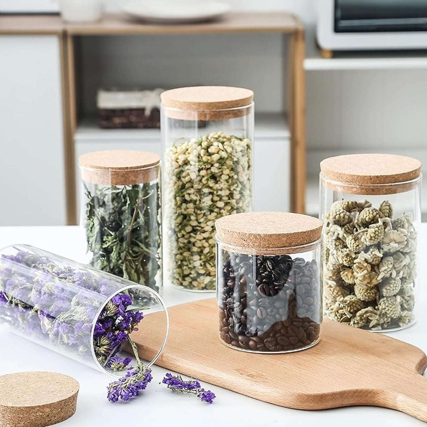 Airtight Glass Storage Containers with cork Lid, for Kitchen Pantry Organization and Storage jar，Ideal for Coffee Beans Snacks Flour Cereal Sugar Tea 24oz. (Circular 5.9 * 3.3in*2pcs)