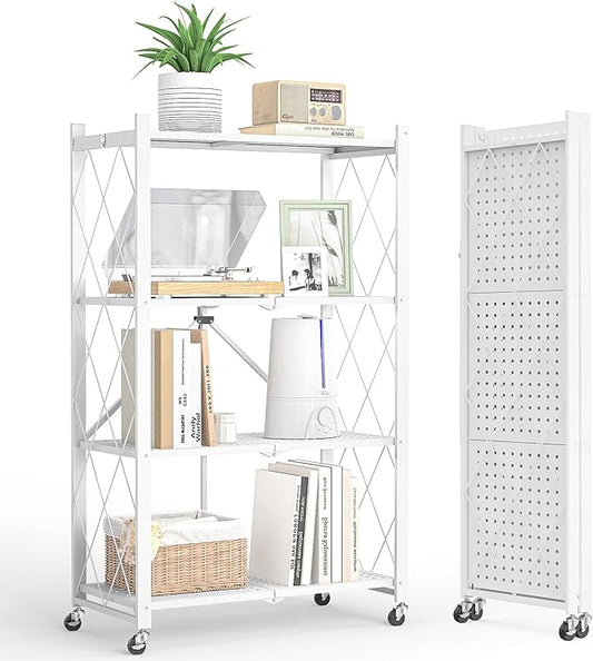 4-Tier Folding Metal Storage Shelf with Wheels, No Assembly Organizer Rack, Heavy Duty Collapsible Shelving Unit for Garage, Kitchen, Basement, Pantry, Living Room(New Upgrade - White, 4 Tier)