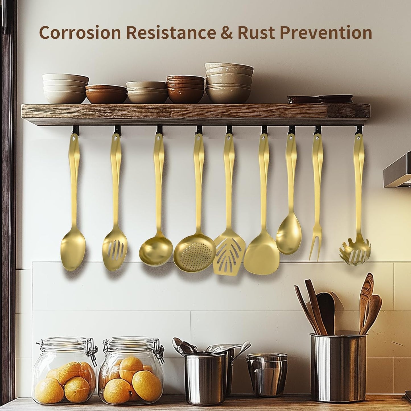 304 Stainless Steel Kitchen Utensil Set - 9pcs Cooking Utensils, Metal Kitchen Utensil Spatula Sets Cookware,High temperature resistance Kitchen Tool Set for Hanging Dishwasher Safe（Gold）