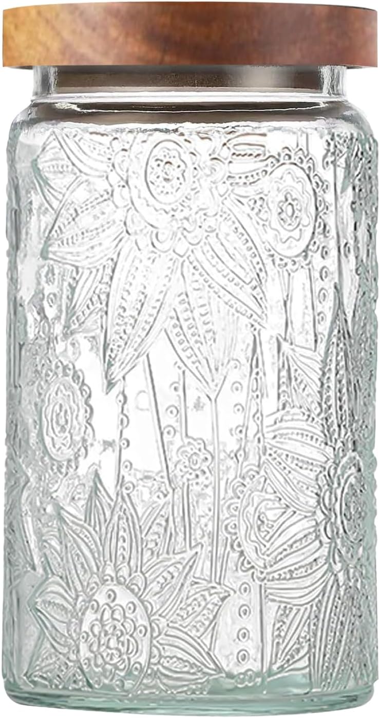 34 OZ Vintage Glass Jar with Lid, Airtight Food Storage Canisters with Bamboo for Kitchen Counter Pantry, Ideal for Coffee, Candy, Tea, Oats, Sugar, Cookies Decorative Jars-Sunflower