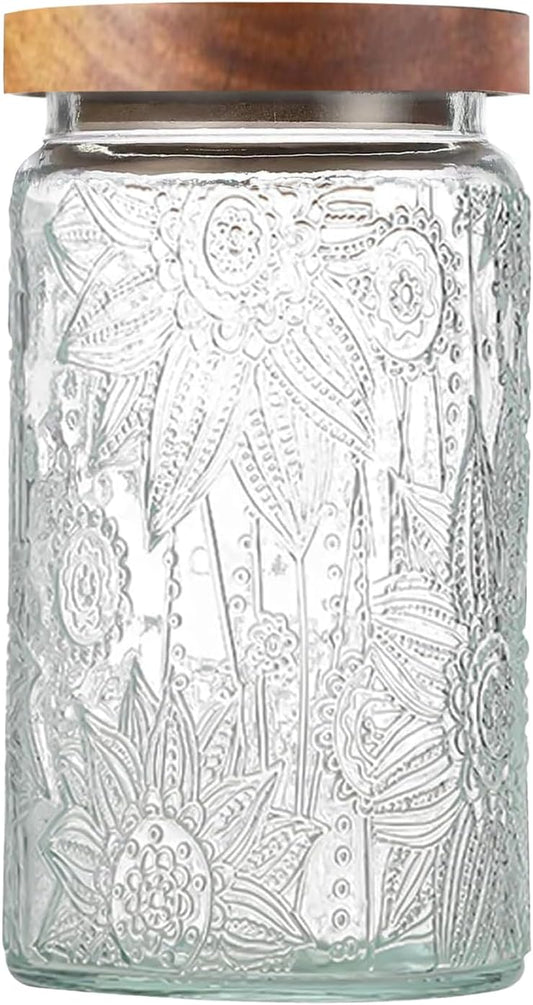 34 OZ Vintage Glass Jar with Lid, Airtight Food Storage Canisters with Bamboo for Kitchen Counter Pantry, Ideal for Coffee, Candy, Tea, Oats, Sugar, Cookies Decorative Jars-Sunflower