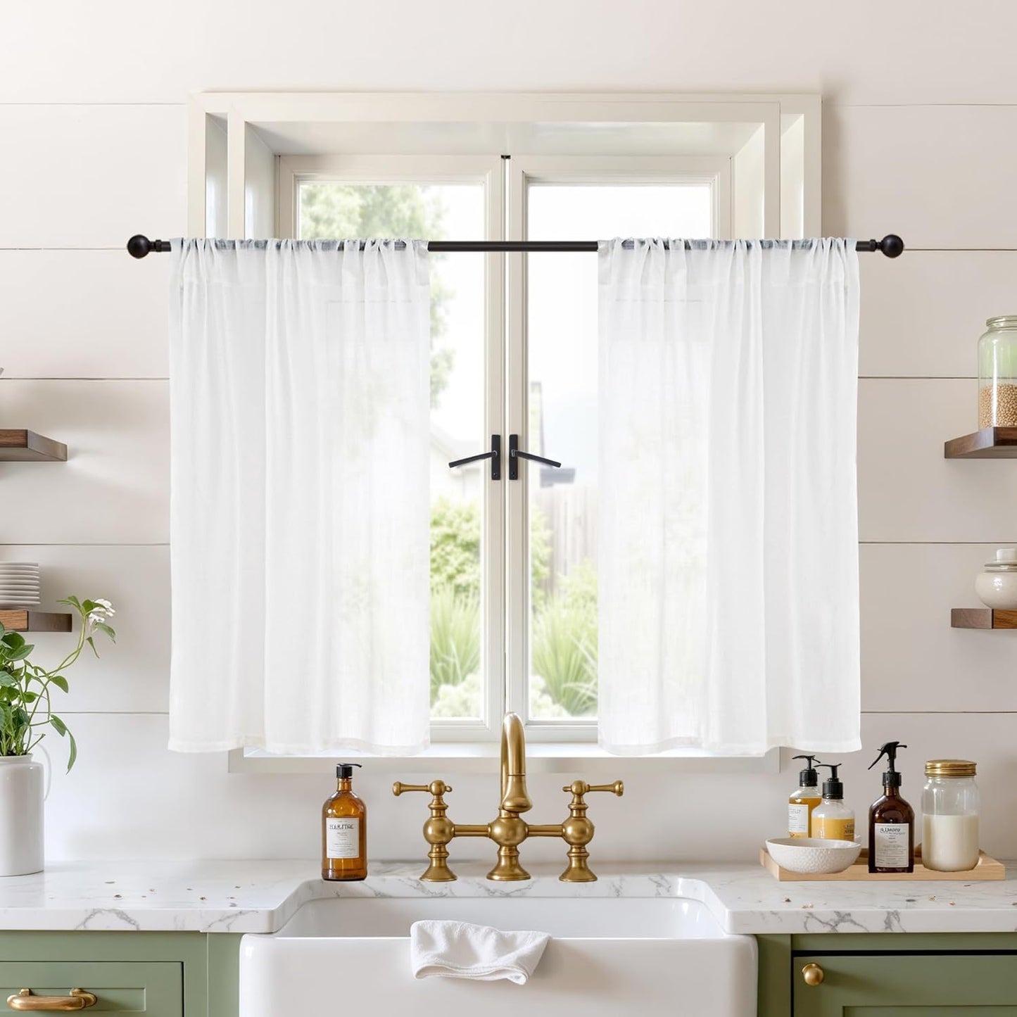 BGment White Linen Semi Sheer Curtains 36 Inch Length for Kitchen Cafe Window - Small Drapes Light Filtering with Rod Pocket Lightweight for Cafe Bathroom, 2 Panels Set, 30 X 36 Inch