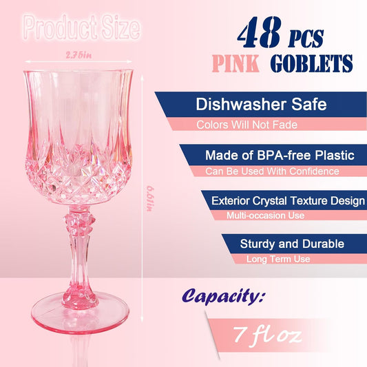 48 PCS Pink Plastic Wine Glasses,Reusable Plastic Wine Glasses,Pink Goblet Glass,Durable and Sturdy Cups Can Be Used for Various Parties Such as Weddings!