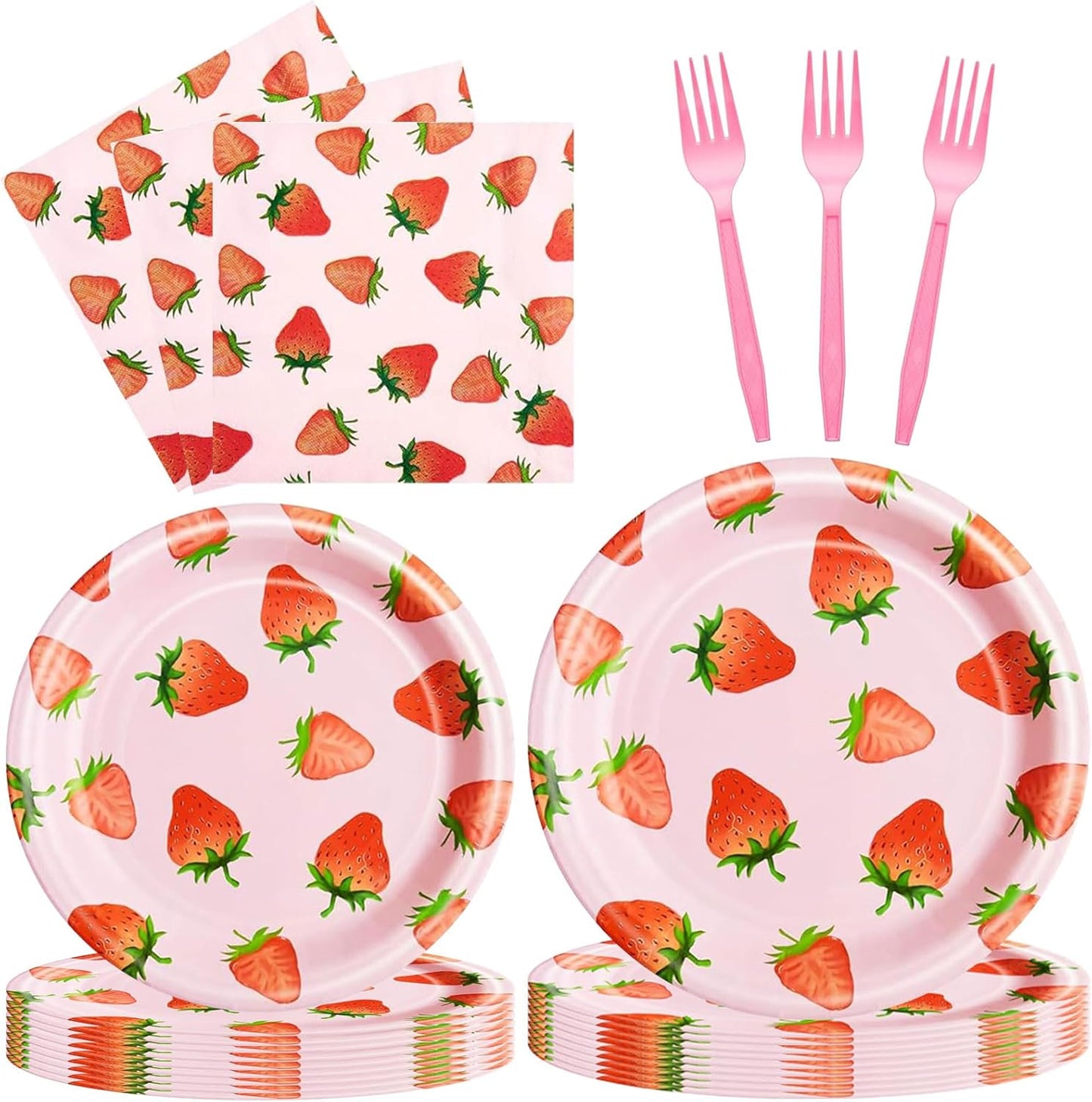 DTDO 96 Pcs Strawberry Tableware Set Disposable Paper Plates Napkins and Forks Fruit Party Decoration Strawberry Themed Birthday Dinnerware for Girls Birthday Decorations, Serves 24