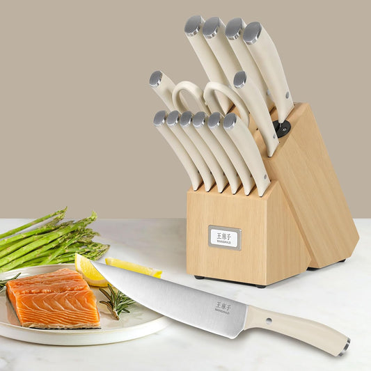 Professional Kitchen Knife Set, Chef Knife Block Set German Stainless Steel Razor-sharp Blade, Ergonomic Comfortable Handle,Hundreds of Years of Masterful Craftsmanship(Ivory,15PCS)