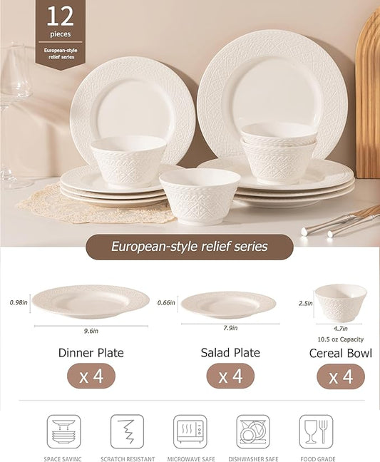 Dinnerware sets plates and bowls sets modern plates,Handmade Reactive Glaze Stoneware Plates and Bowls Sets,Highly Scratch Resistant Dishwasher & Microwave Safe Dishes Set (style - 3, 4 - Set (12pcs))