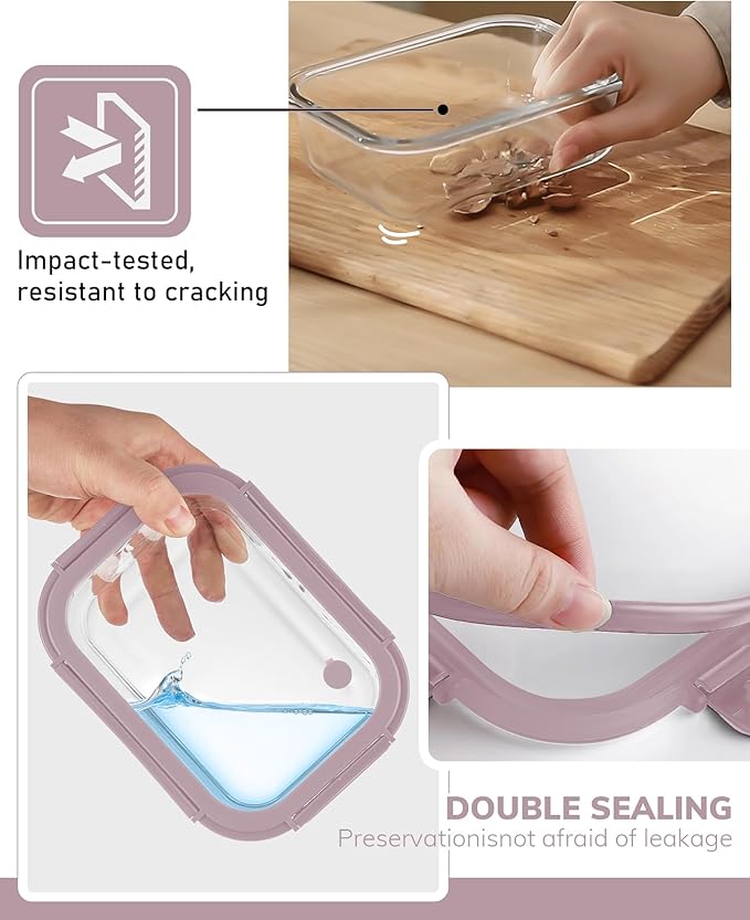 2-Pack Glass Food Storage Containers with Tempered Lids (21.3oz/2.7cup) - Airtight Snap Lock, Microwave & Oven Safe (-4℉~ 950°F), Freezer to Baking Dish, BPA-Free, Gift Box (Pink)